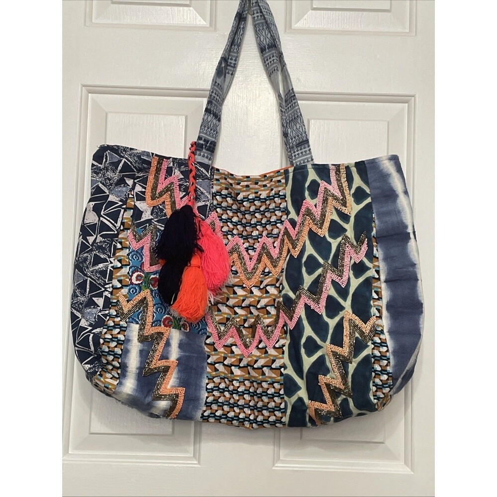 Katydid Boho Embroidered Beaded Beach Canvas Tote Bag Purse Denim Colorful